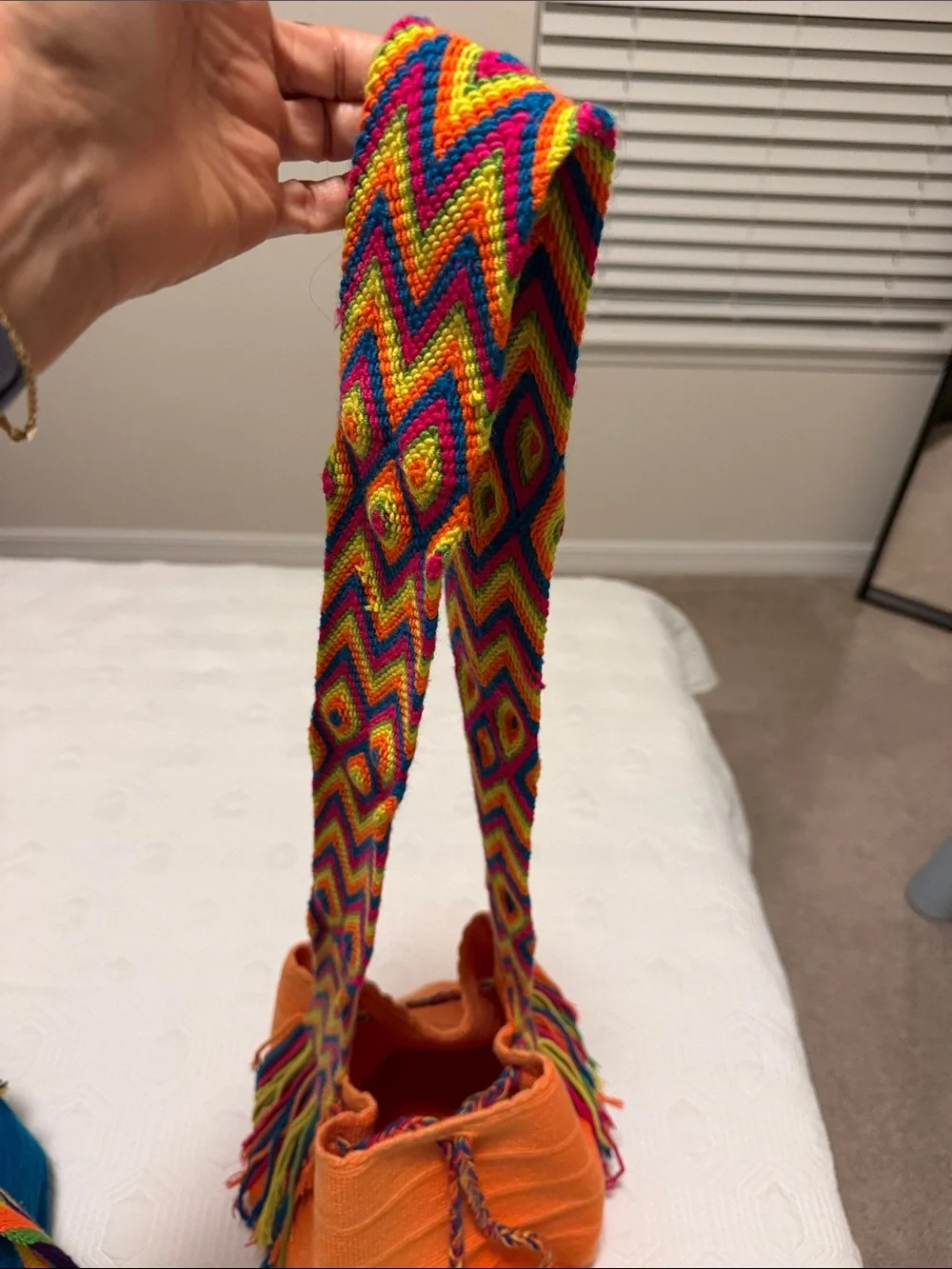 Handmade Wayuu Mochila  Orange Bucket Bag with Multicolor Strap
